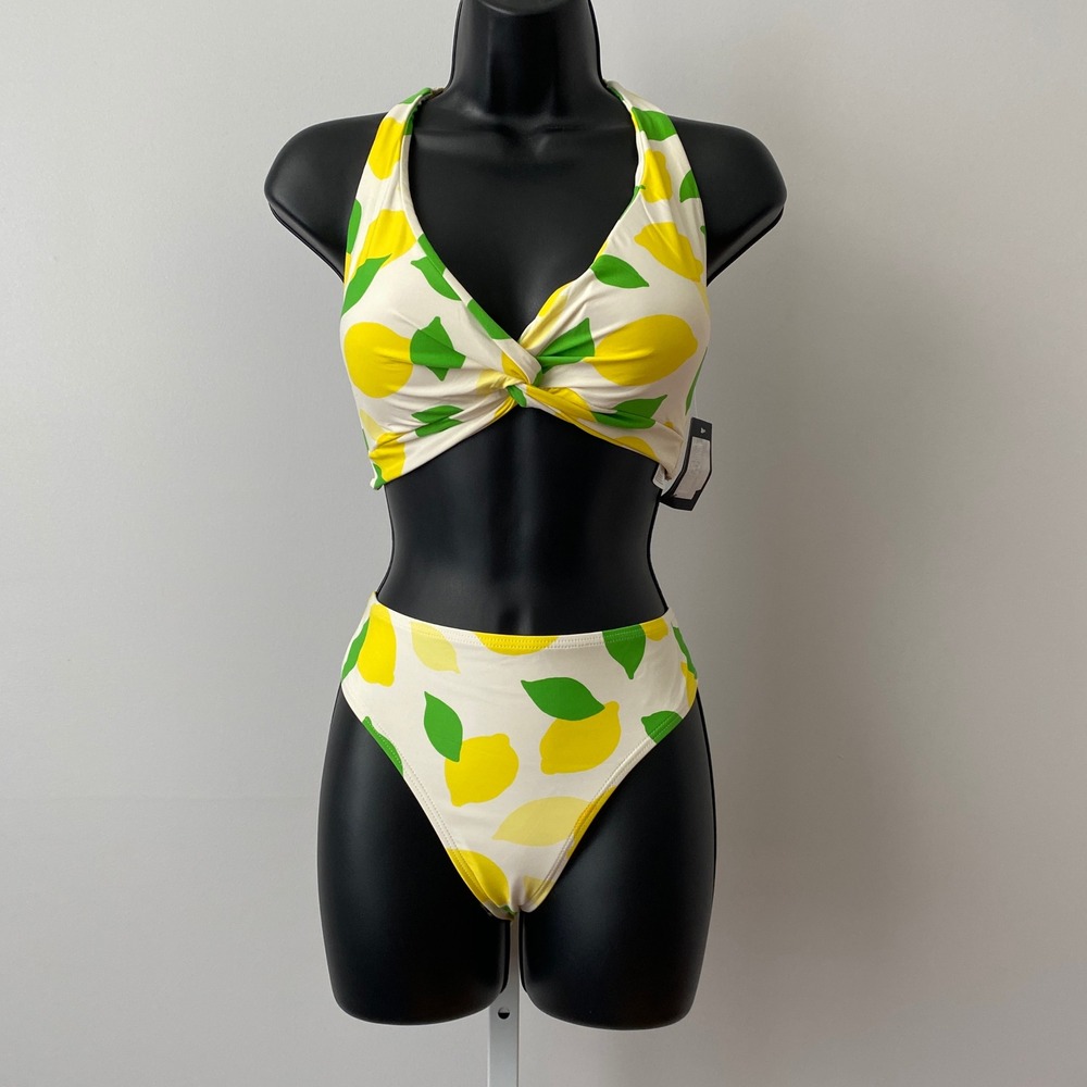 Kate Spade Lemon Twist Beachy Tropical High Waist Bikini Set Size L Ivory Yellow